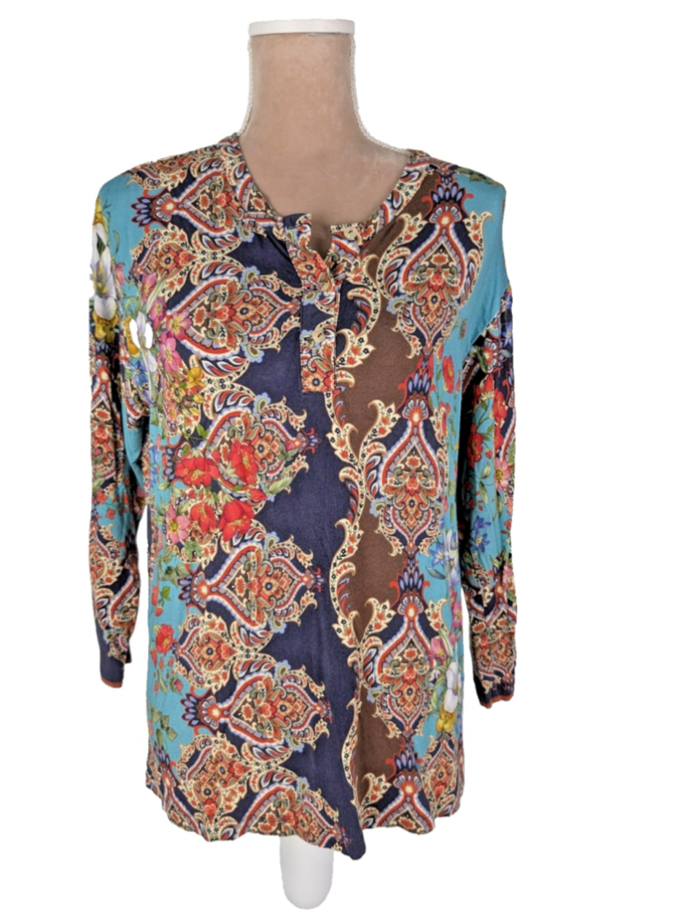 JOHNNY WAS Indi Floral Paisley Henley Tunic Top Blue Sz S Boho Soft